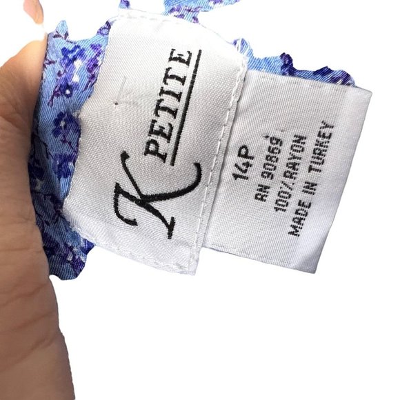 Vintage 90s Blue Micro Floral Short Sleeve Pleated Top Flowy Dress Large - Picture 4 of 7